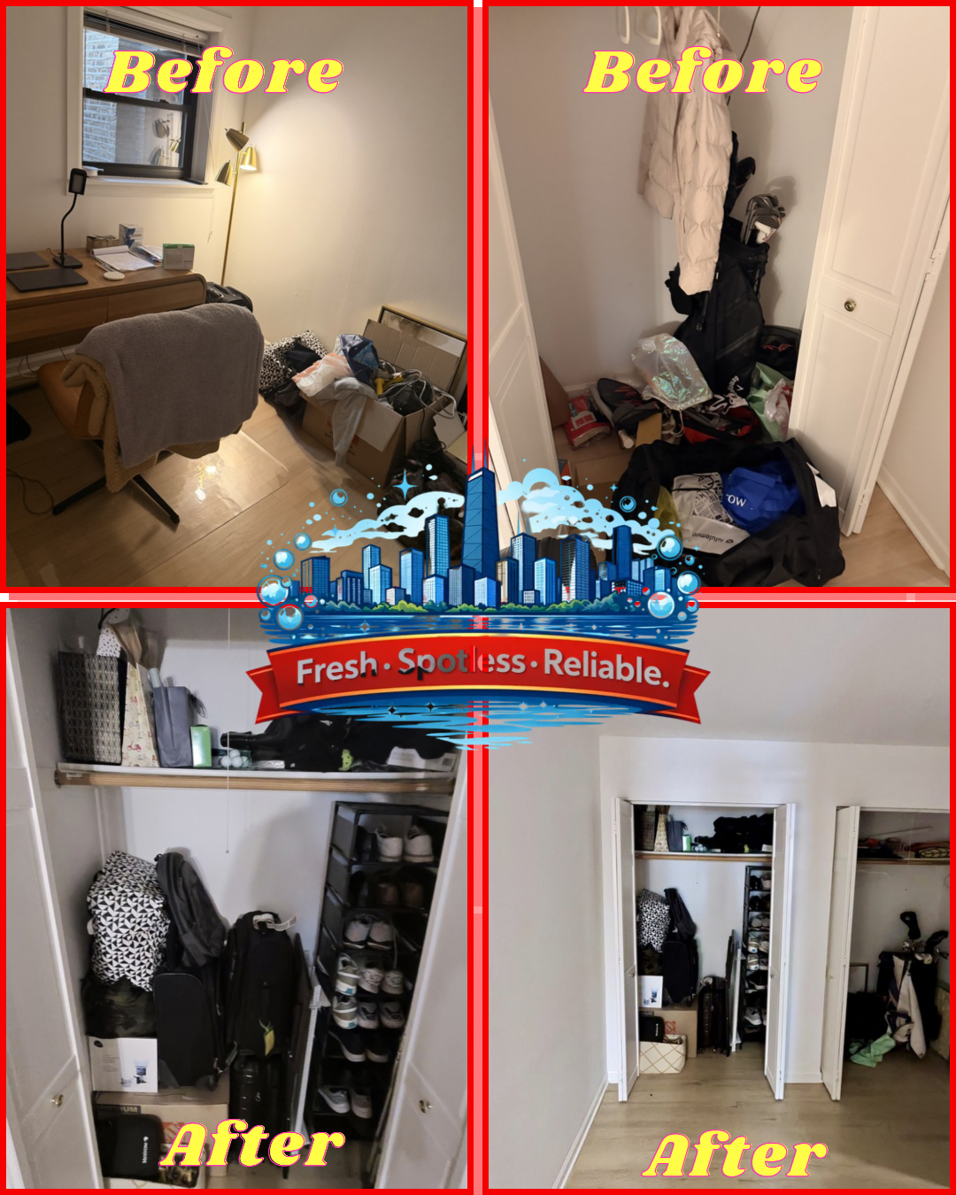 Before and after cleaning — bedroom and closet